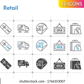 retail icon set. included shopping bag, sale, discount, delivery truck, open icons on white background. linear, bicolor, filled styles.