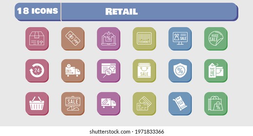 retail icon set. included shopping bag, online shop, sale, 24-hours, package, warranty, discount, shopping-basket, delivery truck icons on white background. linear, filled styles.