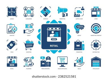 Retail icon set. Store, Distribution, Analysis, Consumers, Marketing, Online Retailing, Merchandising, Sales. Duotone color solid icons