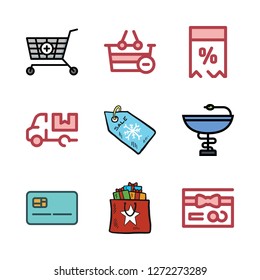 retail icon set. vector set about price tag, shopping basket, shopping bag and shopping cart icons set.