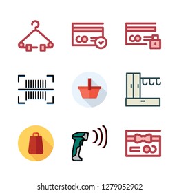 retail icon set. vector set about credit card, upermarket, hanger and shopping bag icons set.