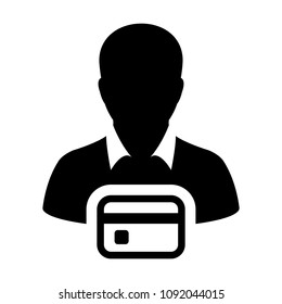 Retail icon vector male user person profile avatar symbol with credit card for banking and finance concept in flat color glyph pictogram illustration