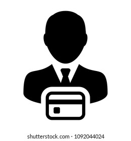 Retail icon vector male user person profile avatar symbol with credit card for banking and finance concept in flat color glyph pictogram illustration