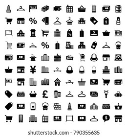 Retail icons. set of 100 editable filled retail icons such as credit card, store, building, modern curved building, building   isolated  sign symbol, business center, hanger