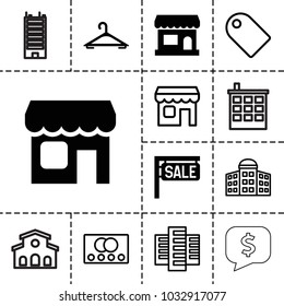 Retail icons. set of 13 editable filled and outline retail icons such as hanger, store, shop, credit card, building   isolated  sign symbol, building, tag, sale