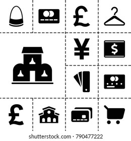 Retail icons. set of 13 editable filled retail icons such as tag, credit card, bag, shopping cart, pound, yuan, building, hanger