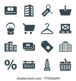Retail icons. set of 16 editable filled retail icons such as business center, shopping cart, cargo on palette, cargo tag, shopping bag, percent, sold tag, building