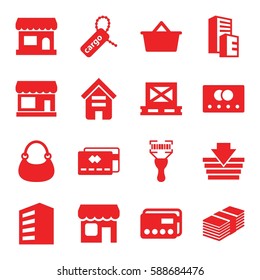 retail icons set. Set of 16 retail filled icons such as credit card, store, building, bag, cargo on palette, cargo tag, bar code scanner, shop, shopping bag, money