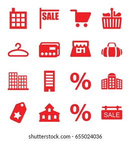 Retail icons set. set of 16 retail filled icons such as building, building   isolated  sign symbol, business center, hanger, sale tag, shop, shopping cart, sport bag