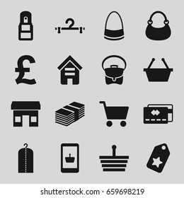 Retail icons set. set of 16 retail filled icons such as building, clothes on hanger, hanger, bag, office supply, shopping cart, money, credit card, shopping basket, tag