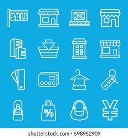 retail icons set. Set of 16 retail outline icons such as store, building, tag, hanger, bag, cargo on palette, cargo tag, office supply, shop, credit card, shopping basket