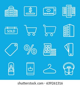 Retail icons set. set of 16 retail outline icons such as modern curved building, building, building   isolated  sign symbol, tag, hanger, bag, office supply, sold tag