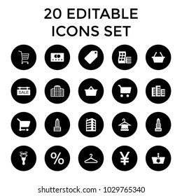Retail icons. set of 20 editable filled retail icons such as credit card, modern curved building, business center, tag, hanger. best quality retail elements in trendy style.