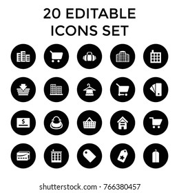 Retail icons. set of 20 editable filled retail icons such as building, business center, hanger, clothes on hanger, shopping basket, shopping cart, tag, dollar card