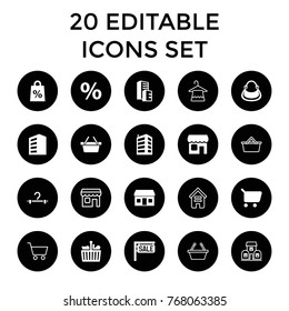 Retail icons. set of 20 editable filled and outline retail icons such as building, shopping cart, shopping sale, percent, shop, hanger, bag, sale