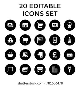 Retail icons. set of 20 editable filled retail icons such as building, business center, credit card, hanger, shopping basket. best quality retail elements in trendy style.