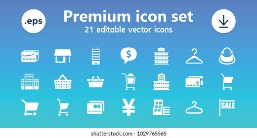 Retail icons. set of 21 editable filled retail icons includes modern curved building, building, hanger, sale, credit card, dollar sign in cloud, yuan, shopping cart