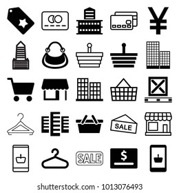 Retail icons. set of 25 editable filled and outline retail icons such as building, business center, hanger, shopping basket, online shopping, dollar card, store, credit card