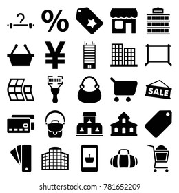 Retail icons. set of 25 editable filled retail icons such as building, tag, business center, hanger, bag, shopping basket, shopping cart, online shopping, credit card, yuan