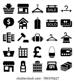 Retail icons. set of 25 editable filled retail icons such as store, building, hanger, clothes on hanger, credit card, shopping basket, dollar sign in cloud, pound