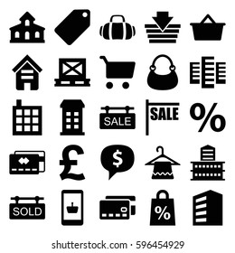 retail icons set. Set of 25 retail filled icons such as building, tag, hanger, bag, cargo on palette, sold tag, sale tag, sport bag, shopping sale, shopping bag, percent