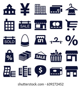 Retail icons set. set of 25 retail filled icons such as store, building, modern curved building, business center, hanger, credit card, bag, sold tag, sale tag, shop, sale
