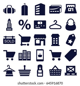 Retail icons set. set of 25 retail filled icons such as building, business center, credit card, tag, hanger, clothes on hanger, bag, cargo on palette, office supply, sold tag