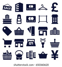 Retail icons set. set of 25 retail filled icons such as credit card, building, building   isolated  sign symbol, tag, hanger, bag, bar code scanner, office supply, shop, sale