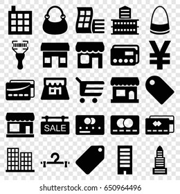 Retail icons set. set of 25 retail filled icons such as store, modern curved building, business center, building, credit card, tag, hanger, bag, bar code scanner, sale tag