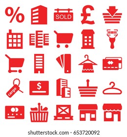 Retail icons set. set of 25 retail filled icons such as building, tag, credit card, hanger, cargo on palette, cargo tag, bar code scanner, sold tag, shop, shopping cart