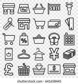 Retail icons set. set of 25 retail outline icons such as tag, building, hanger, bag, cargo tag, bar code scanner, shop, shopping cart, shopping basket, sale, store, money