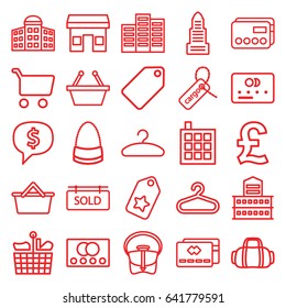 Retail icons set. set of 25 retail outline icons such as credit card, building   isolated  sign symbol, building, business center, hanger, tag, bag, cargo tag, sold tag