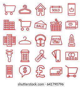 Retail icons set. set of 25 retail outline icons such as credit card, building, tag, business center, hanger, bag, cargo tag, bar code scanner, sold tag, shop, shopping cart