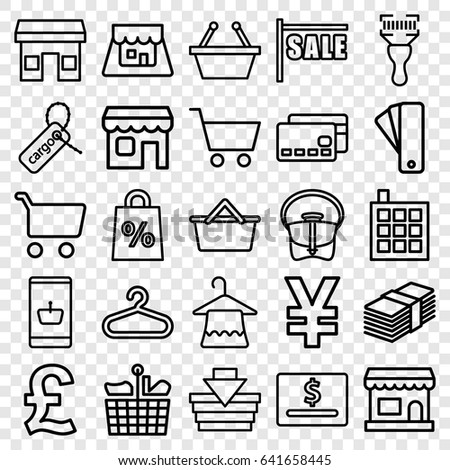 Retail icons set. set of 25 retail outline icons such as tag, building, hanger, bag, cargo tag, bar code scanner, shop, shopping cart, shopping basket, sale, store, money