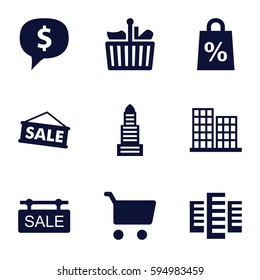 retail icons set. Set of 9 retail filled icons such as building, business center, sale tag, sale, shopping sale, shopping bag, shopping cart