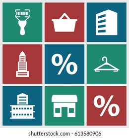 Retail icons set. set of 9 retail filled icons such as building, business center, hanger, bar code scanner, shopping bag, percent