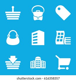 Retail icons set. set of 9 retail filled icons such as modern curved building, building, building   isolated  sign symbol, bag, tag, shopping cart