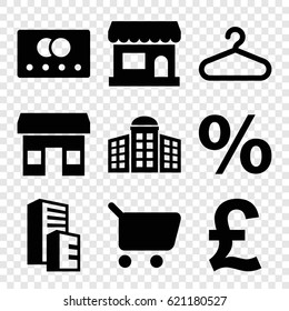 Retail icons set. set of 9 retail filled icons such as credit card, building   isolated  sign symbol, building, hanger, store, shopping cart, percent