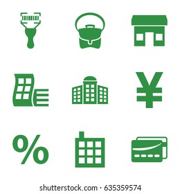 Retail icons set. set of 9 retail filled icons such as modern curved building, building   isolated  sign symbol, building, bag, bar code scanner, card, store, percent