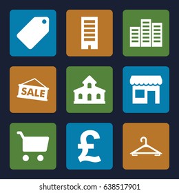 Retail icons set. set of 9 retail filled icons such as building, tag, hanger, store, sale, shopping cart
