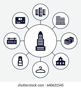 Retail icons set. set of 9 retail filled icons such as building, business center, credit card, office supply, hanger, sold tag