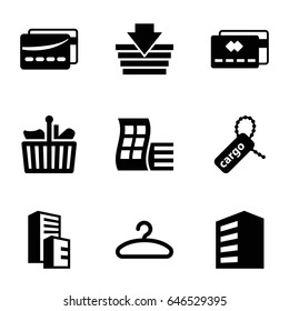 Retail icons set. set of 9 retail filled icons such as modern curved building, building, cargo tag, hanger, card, shopping bag, credit card