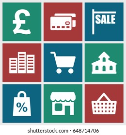 Retail icons set. set of 9 retail filled icons such as building, shop, shopping cart, shopping sale, shopping bag, sale, credit card