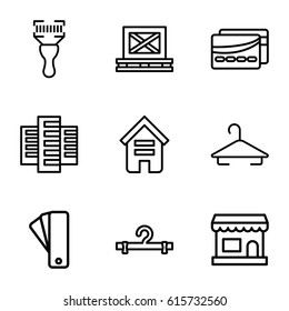 Retail icons set. set of 9 retail outline icons such as building, tag, hanger, cargo on palette, bar code scanner, card