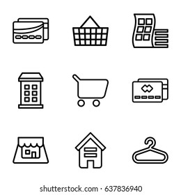 Retail icons set. set of 9 retail outline icons such as building, modern curved building, hanger, shop, shopping cart, credit card