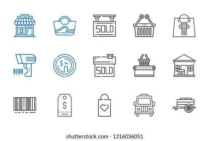 retail icons set. Collection of retail with cart, van, shopping bag, tag, barcode, package delivered, supermarket, sold, dollar, scanning. Editable and scalable retail icons.