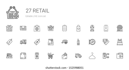 retail icons set. Collection of retail with hanger, delivery truck, wallet, shopping cart, online shopping, shopping bag, mall, sign, supermarket. Editable and scalable retail icons.