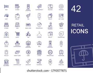 retail icons set. Collection of retail with new, stores, mobile shopping, supermarket, package, cart, wallet, tag, gift card, sign, bars code. Editable and scalable retail icons.