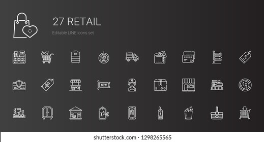 retail icons set. Collection of retail with paper bag, supermarket, mobile shopping, price, package delivered, wardrobe, mall, store, package. Editable and scalable retail icons.