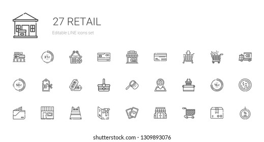 retail icons set. Collection of retail with shopping cart, stores, cards, card, paper bag, store, wallet, supermarket, shop, bag, basket, tags. Editable and scalable retail icons.